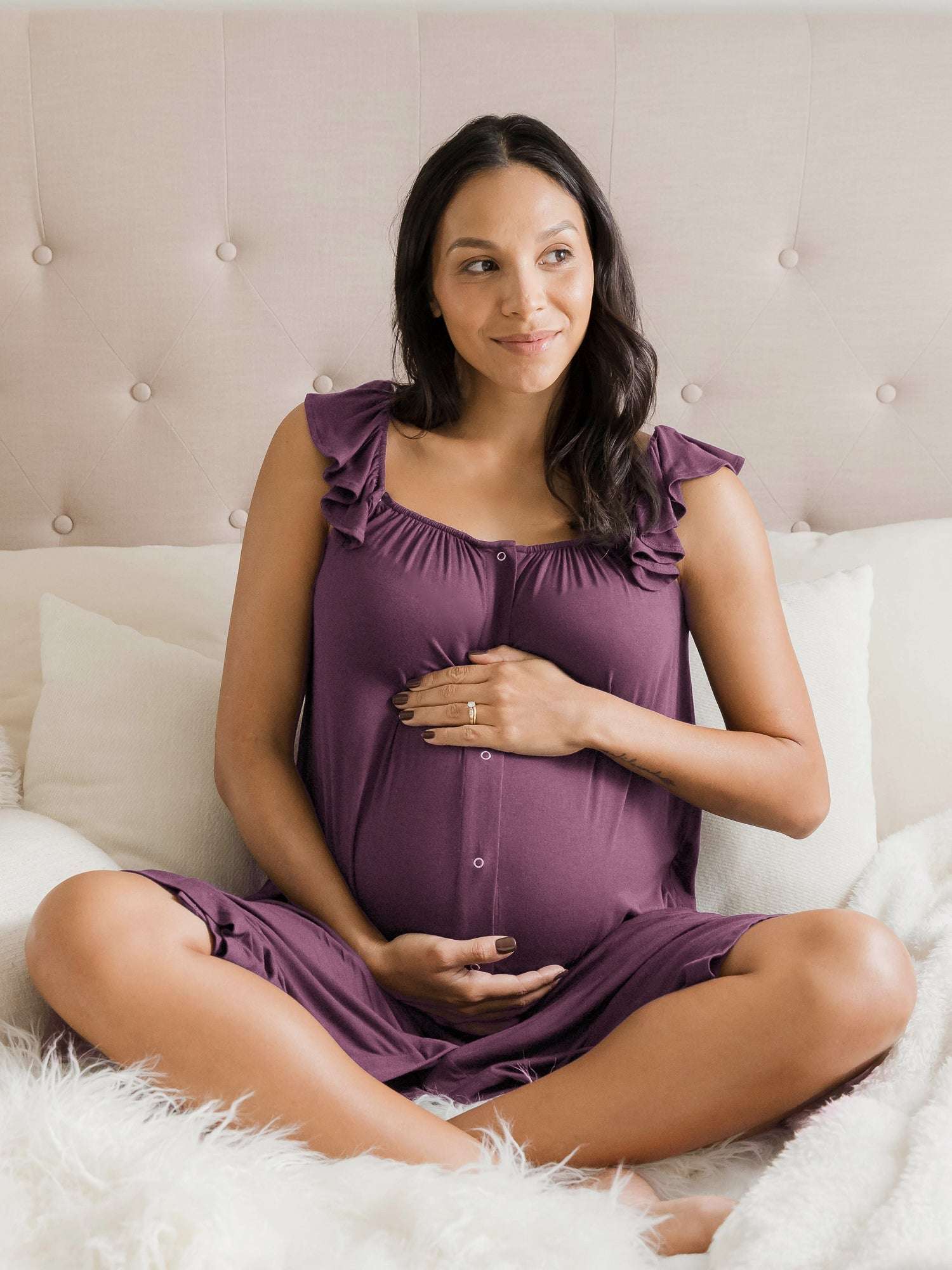 Ruffle Strap Labor & Delivery Gown | Burgundy Plum Milk & Baby