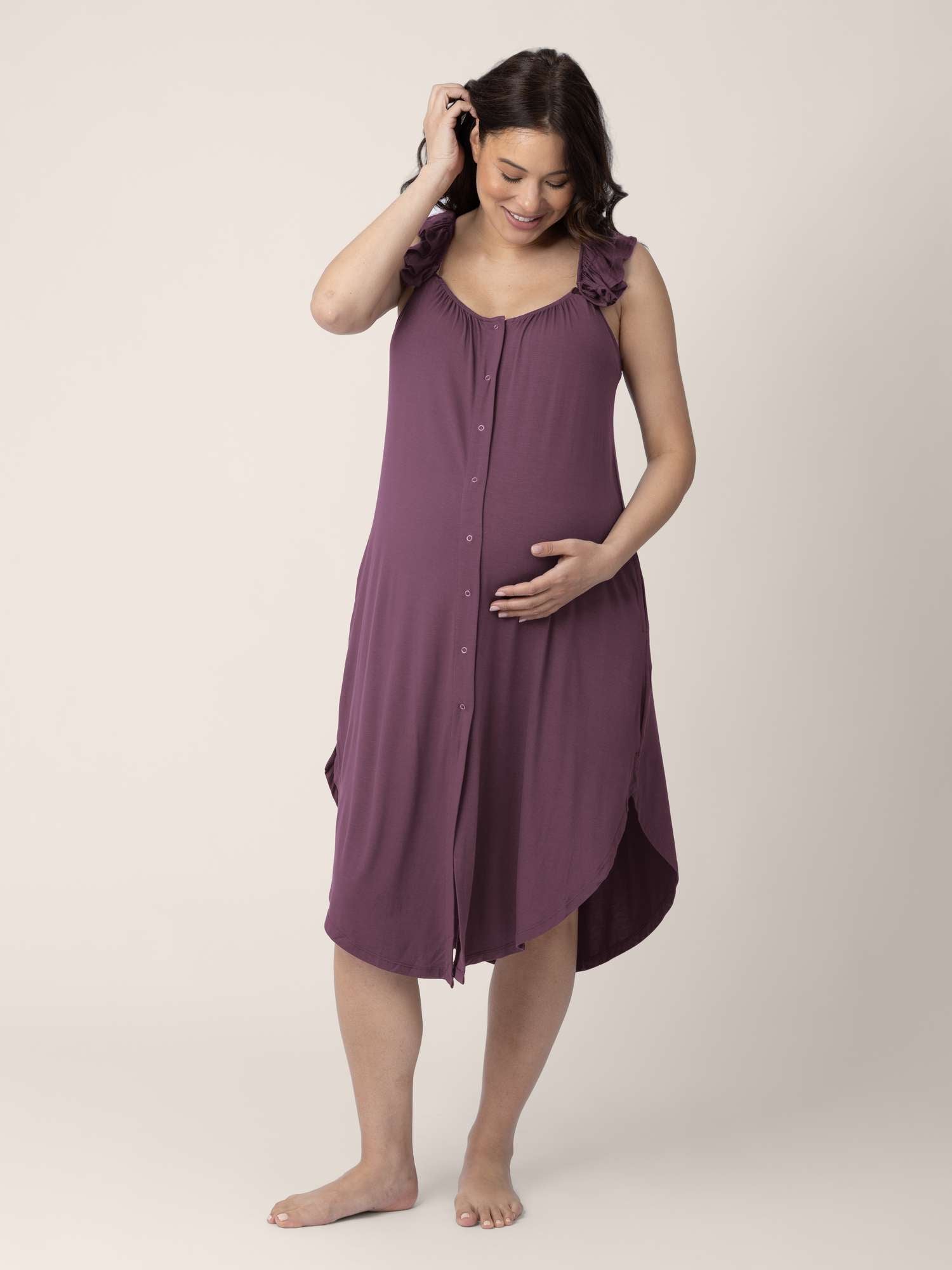 Ruffle Strap Labor & Delivery Gown | Burgundy Plum Milk & Baby