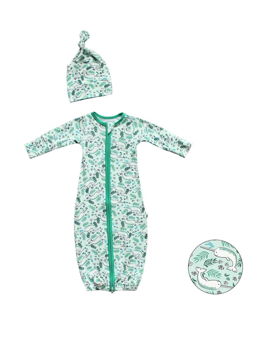 Aquamarine Narwhals Newborn Gown & Knot Hat Set Milk & Baby