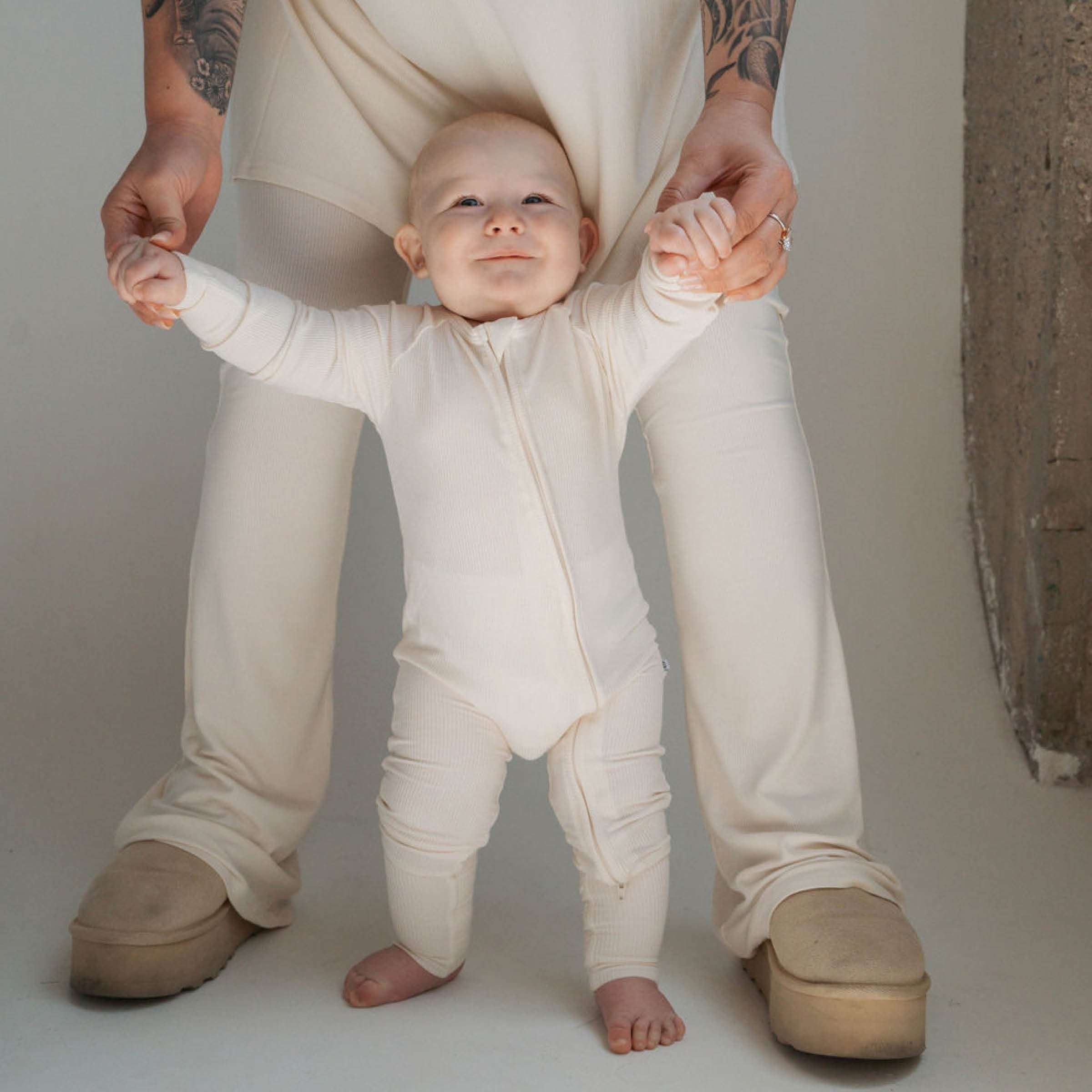 Ivory Ribbed | Bamboo Zip Romper Milk & Baby