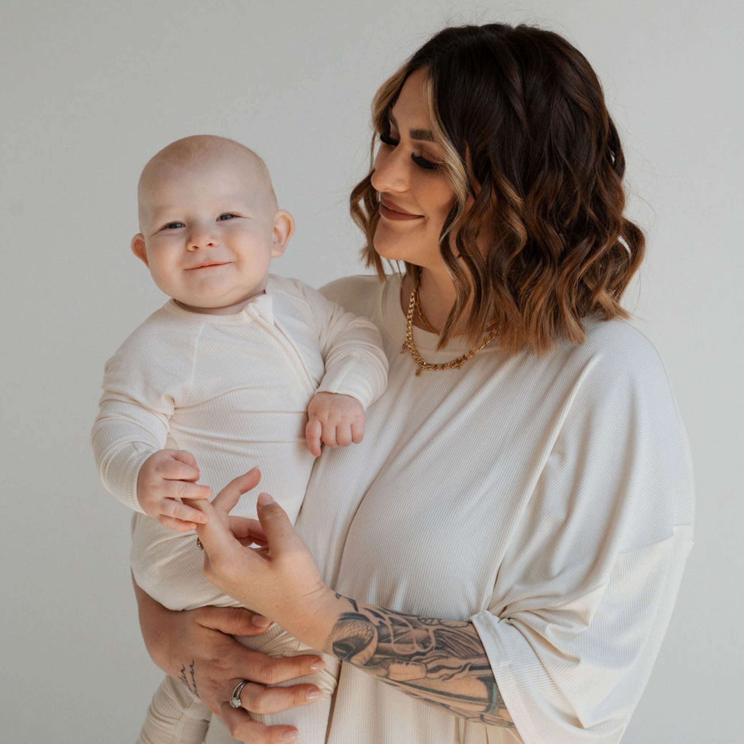 Ivory Ribbed | Bamboo Zip Romper Milk & Baby