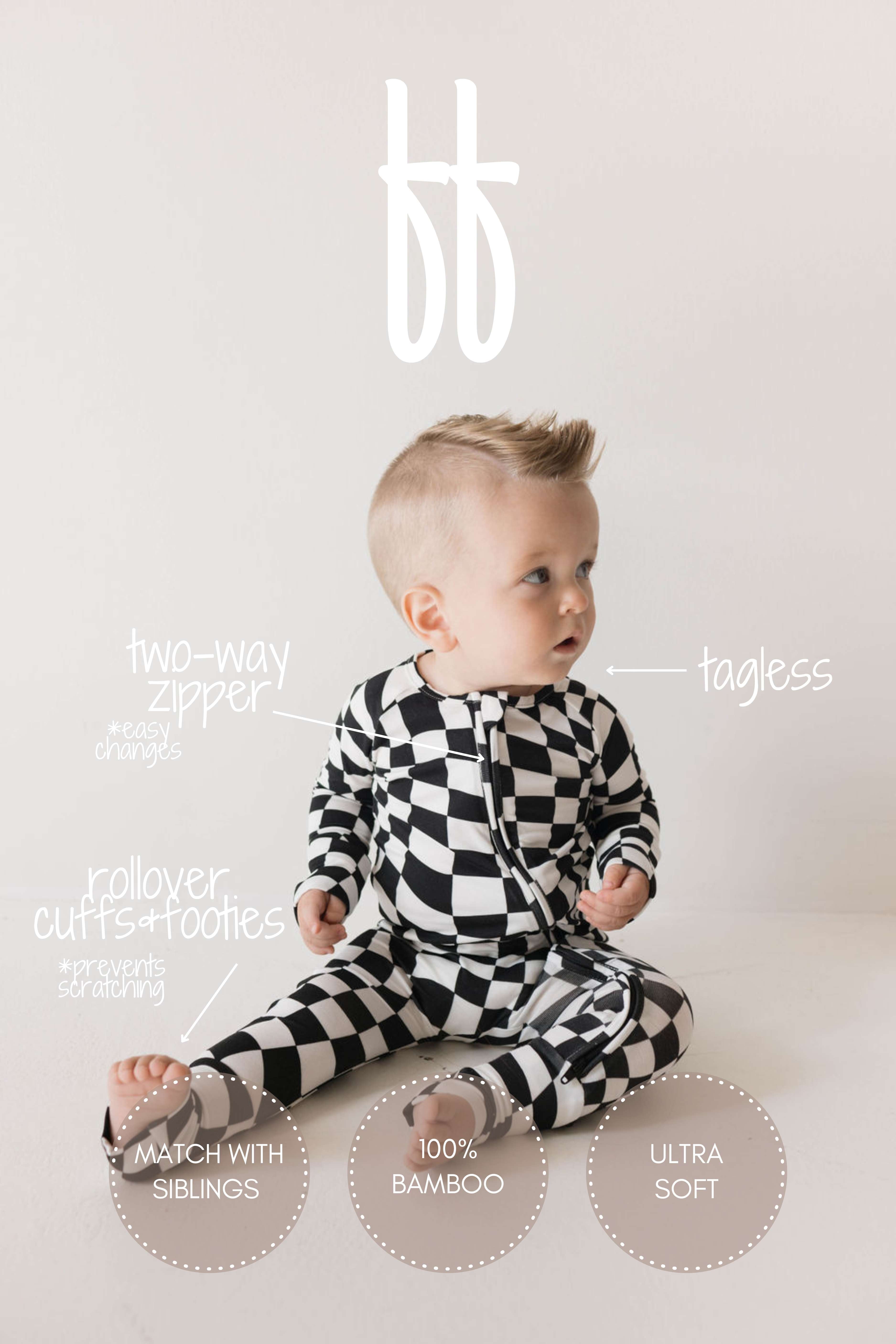 Black & White Wavy Checkerboard | Bamboo Zip Pajamas Milk & Baby