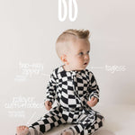 Black & White Wavy Checkerboard | Bamboo Zip Pajamas Milk & Baby