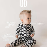 Black & White Wavy Checkerboard | Bamboo Zip Pajamas Milk & Baby