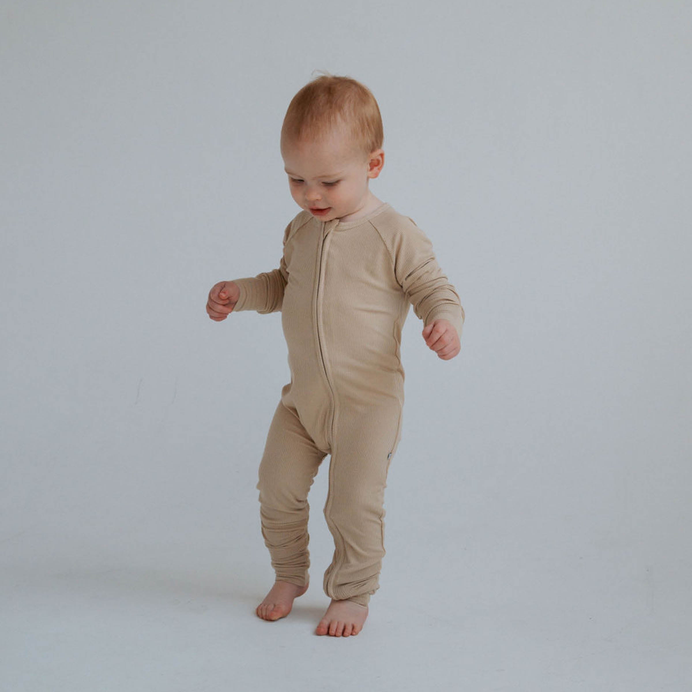 Tan Ribbed | Bamboo Zip Romper Milk & Baby