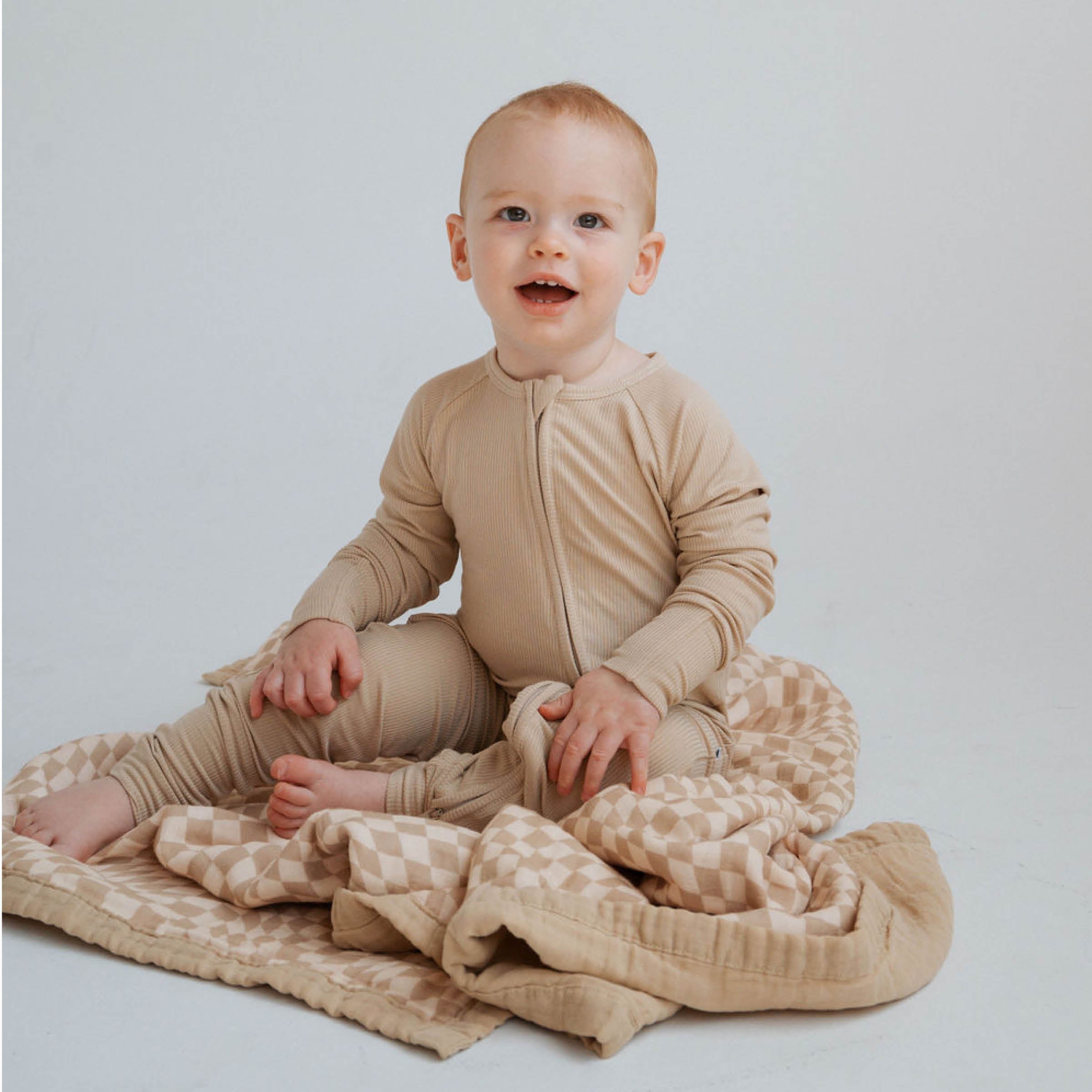 Tan Ribbed | Bamboo Zip Romper | Milk & Baby