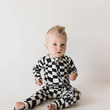 Bamboo Zip Pajamas | Black & White Wavy Checkerboard