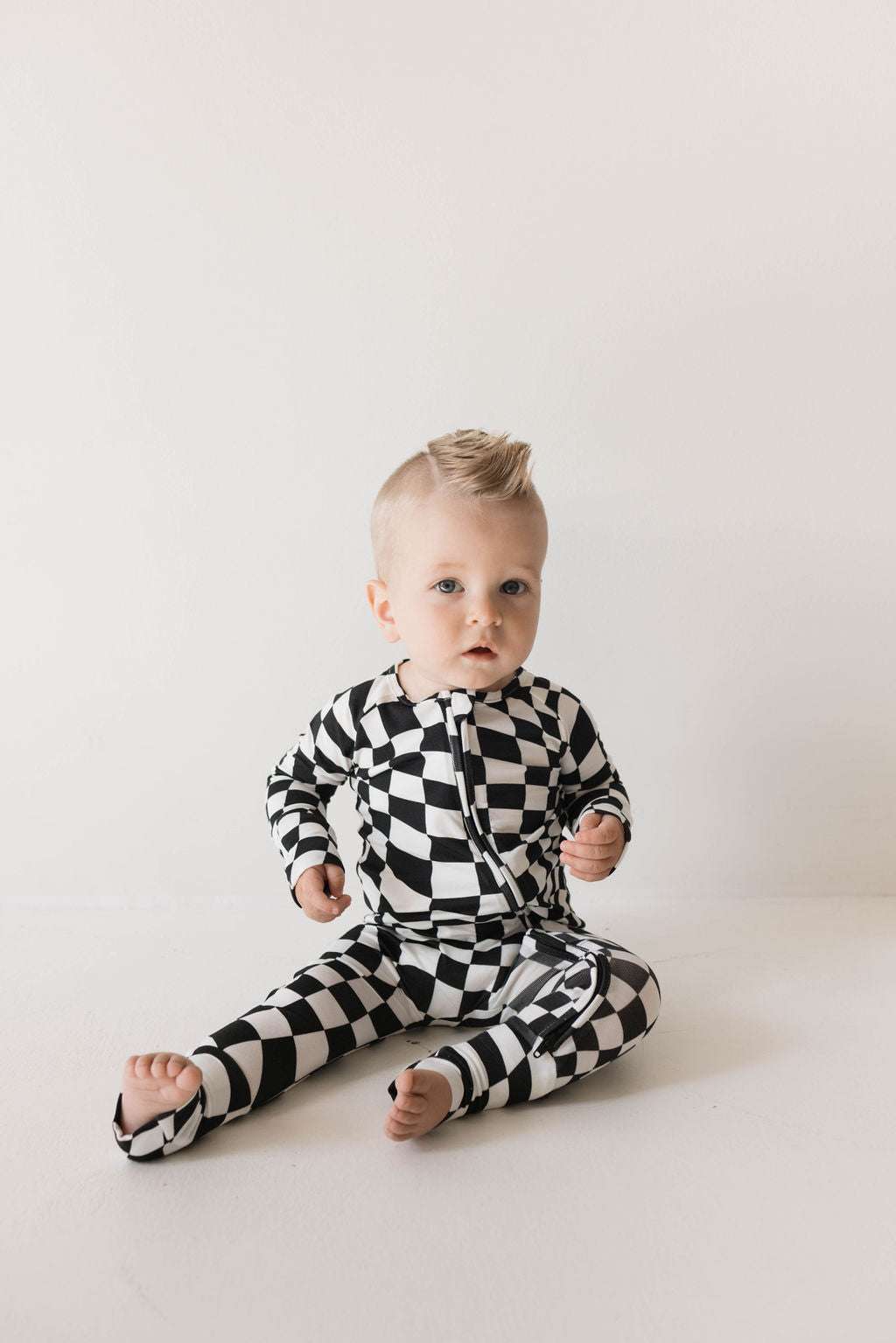 Black & White Wavy Checkerboard | Bamboo Zip Pajamas Milk & Baby