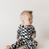 Bamboo Zip Pajamas | Black & White Wavy Checkerboard