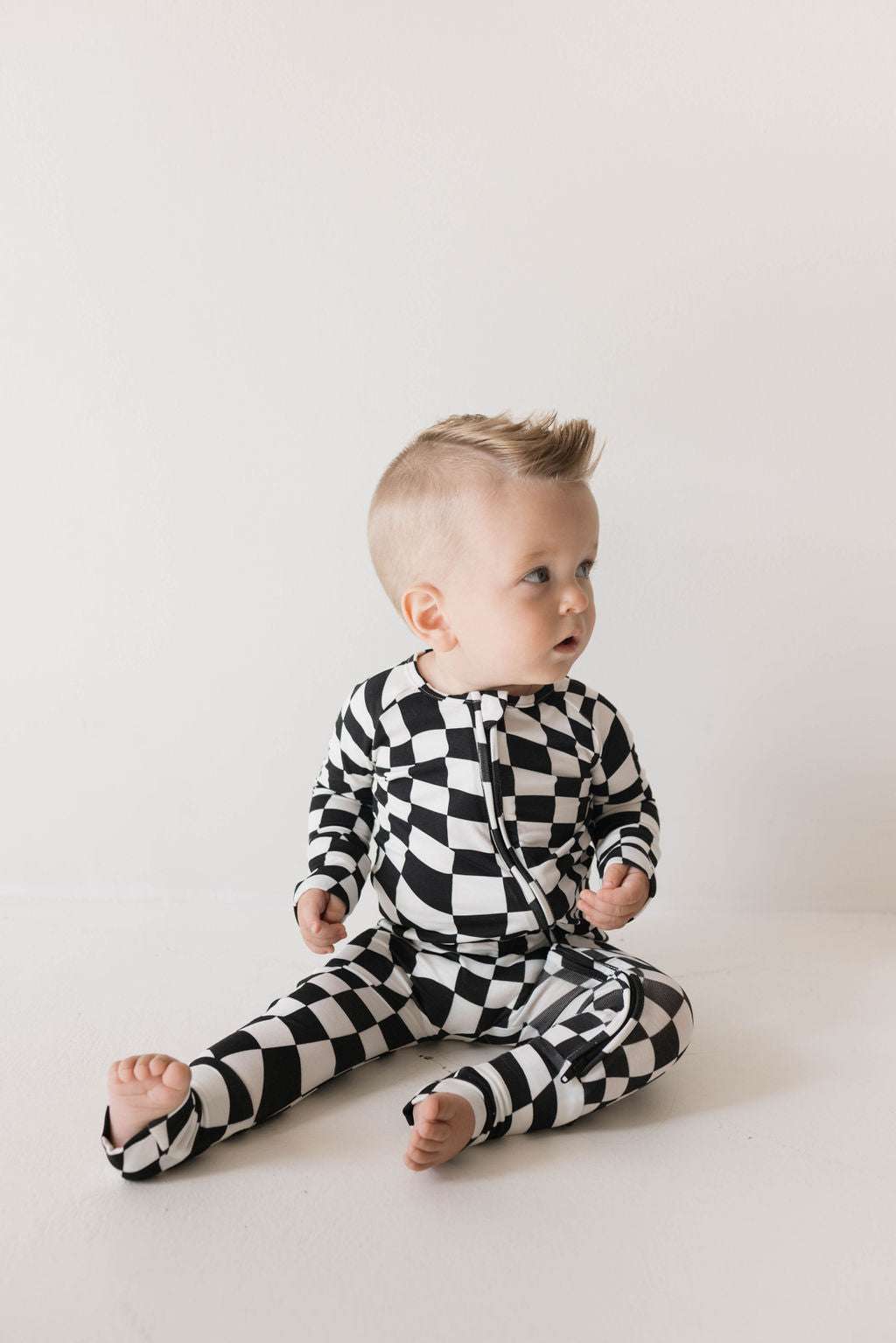 Black & White Wavy Checkerboard | Bamboo Zip Pajamas Milk & Baby