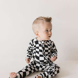 Black & White Wavy Checkerboard | Bamboo Zip Pajamas Milk & Baby