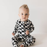 Bamboo Zip Pajamas | Black & White Wavy Checkerboard