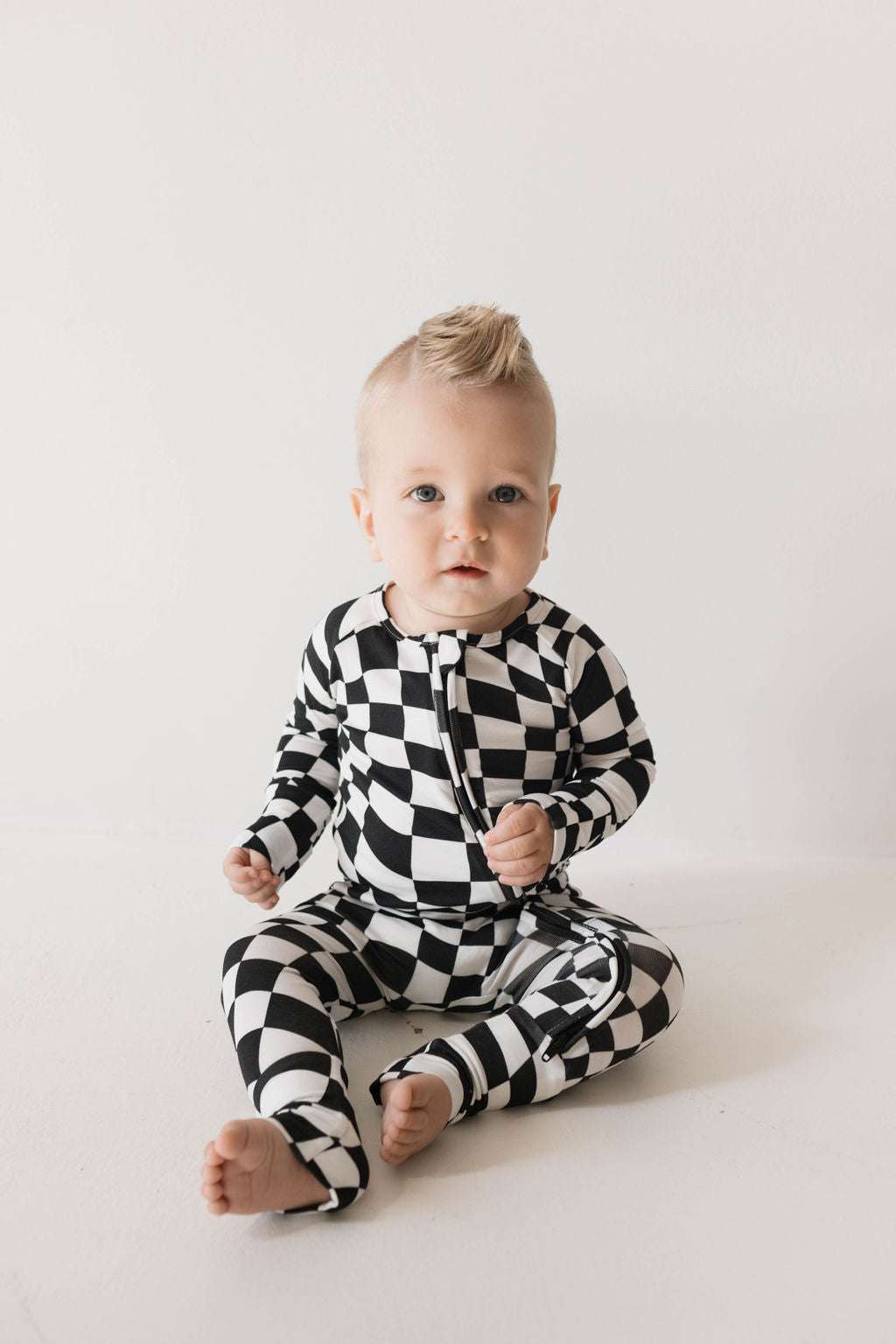 Black & White Wavy Checkerboard | Bamboo Zip Pajamas Milk & Baby