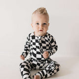 Black & White Wavy Checkerboard | Bamboo Zip Pajamas Milk & Baby