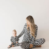 Bamboo Zip Pajamas | Black & White Wavy Checkerboard