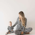 Black & White Wavy Checkerboard | Bamboo Zip Pajamas Milk & Baby