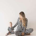 Black & White Wavy Checkerboard | Bamboo Zip Pajamas Milk & Baby