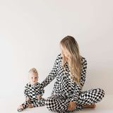 Black & White Wavy Checkerboard | Bamboo Zip Pajamas Milk & Baby