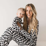 Black & White Wavy Checkerboard | Bamboo Zip Pajamas Milk & Baby