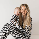 Bamboo Zip Pajamas | Black & White Wavy Checkerboard