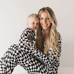 Black & White Wavy Checkerboard | Bamboo Zip Pajamas Milk & Baby