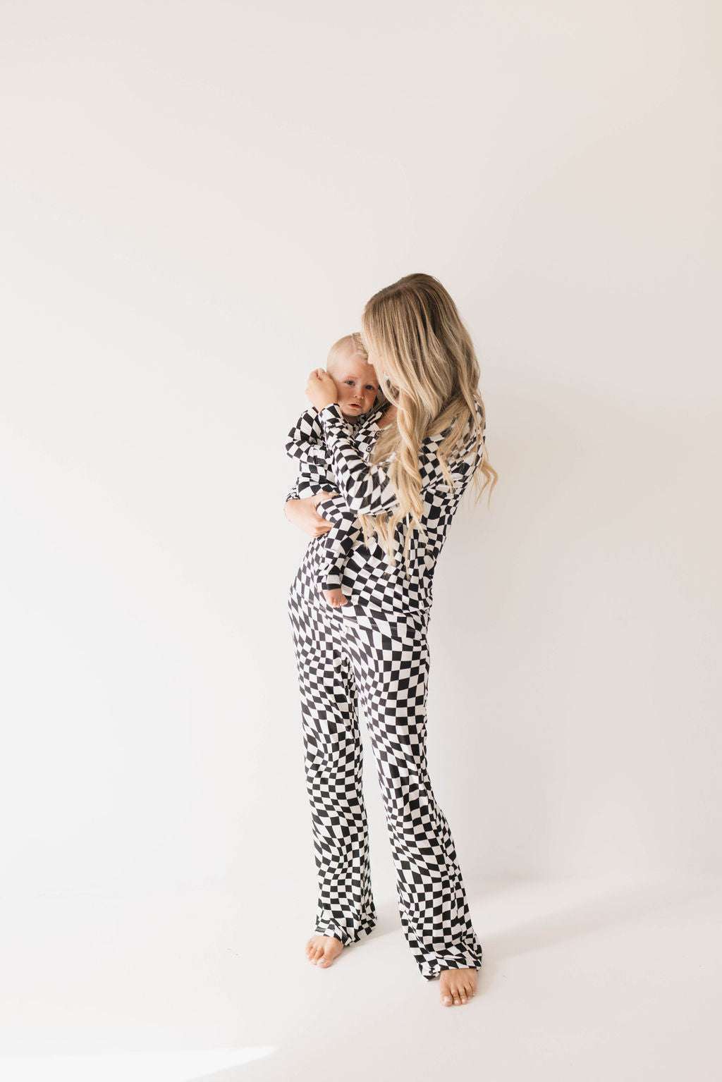 Black & White Wavy Checkerboard | Bamboo Zip Pajamas Milk & Baby