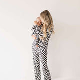 Black & White Wavy Checkerboard | Bamboo Zip Pajamas Milk & Baby