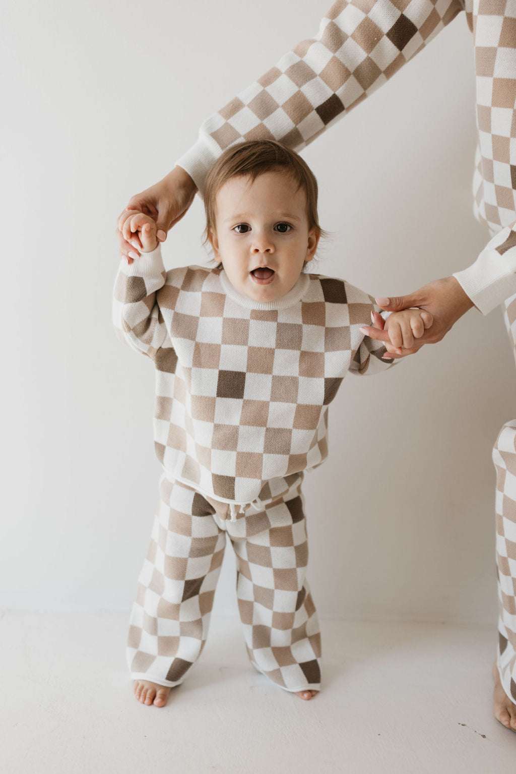 Into the Woods Checkerboard | Knit Pant Set Milk & Baby