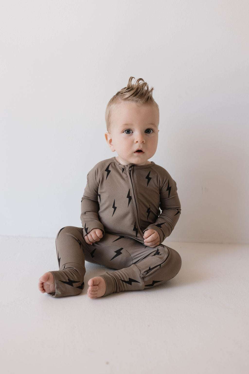 Brown & Black Lightning Bolt | Bamboo Zip Pajamas Milk & Baby