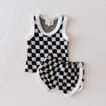 Black + White Checkerboard | Terry Tank Short Set Milk & Baby