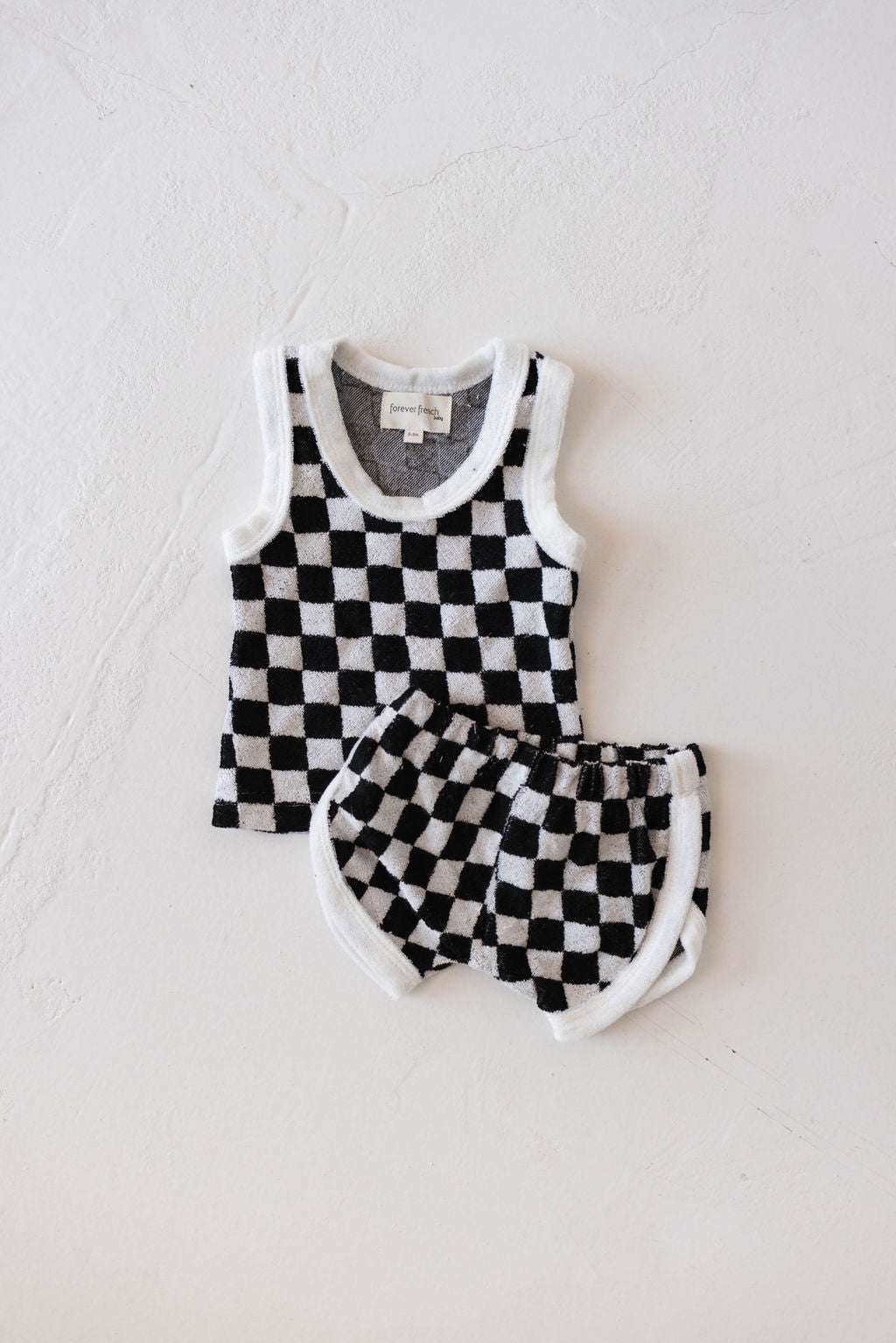 Black + White Checkerboard | Terry Tank Short Set Milk & Baby