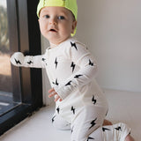 Bamboo Zip Pajamas | White & Black Lightning Bolt