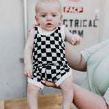 Black + White Checkerboard | Terry Tank Short Set Milk & Baby