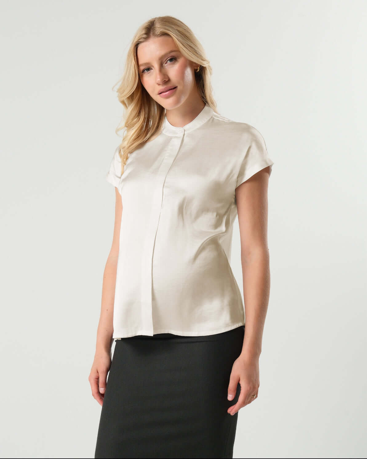 Short Sleeve Satin Maternity Shell Top with Concealed Nursing Zip | Milk & Baby