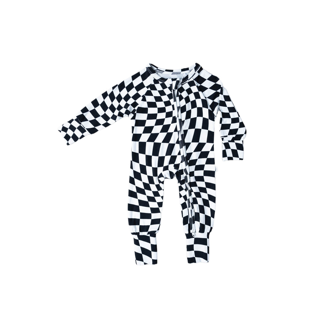 B&W Wavy Checker | Bamboo Zip Romper Milk & Baby