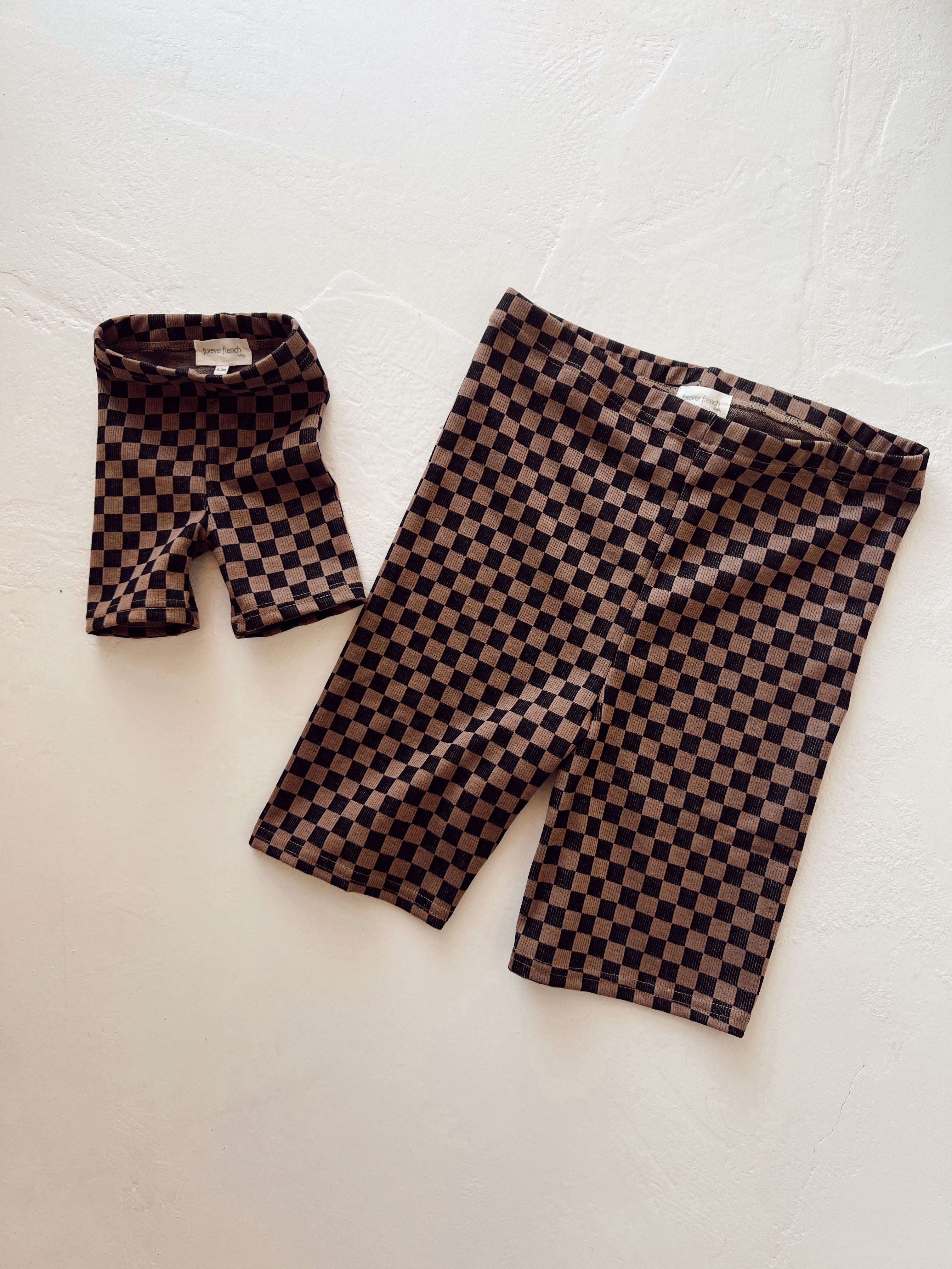 Brown + Black Checkerboard | Children & Women's Ribbed Checker Biker Shorts Milk & Baby