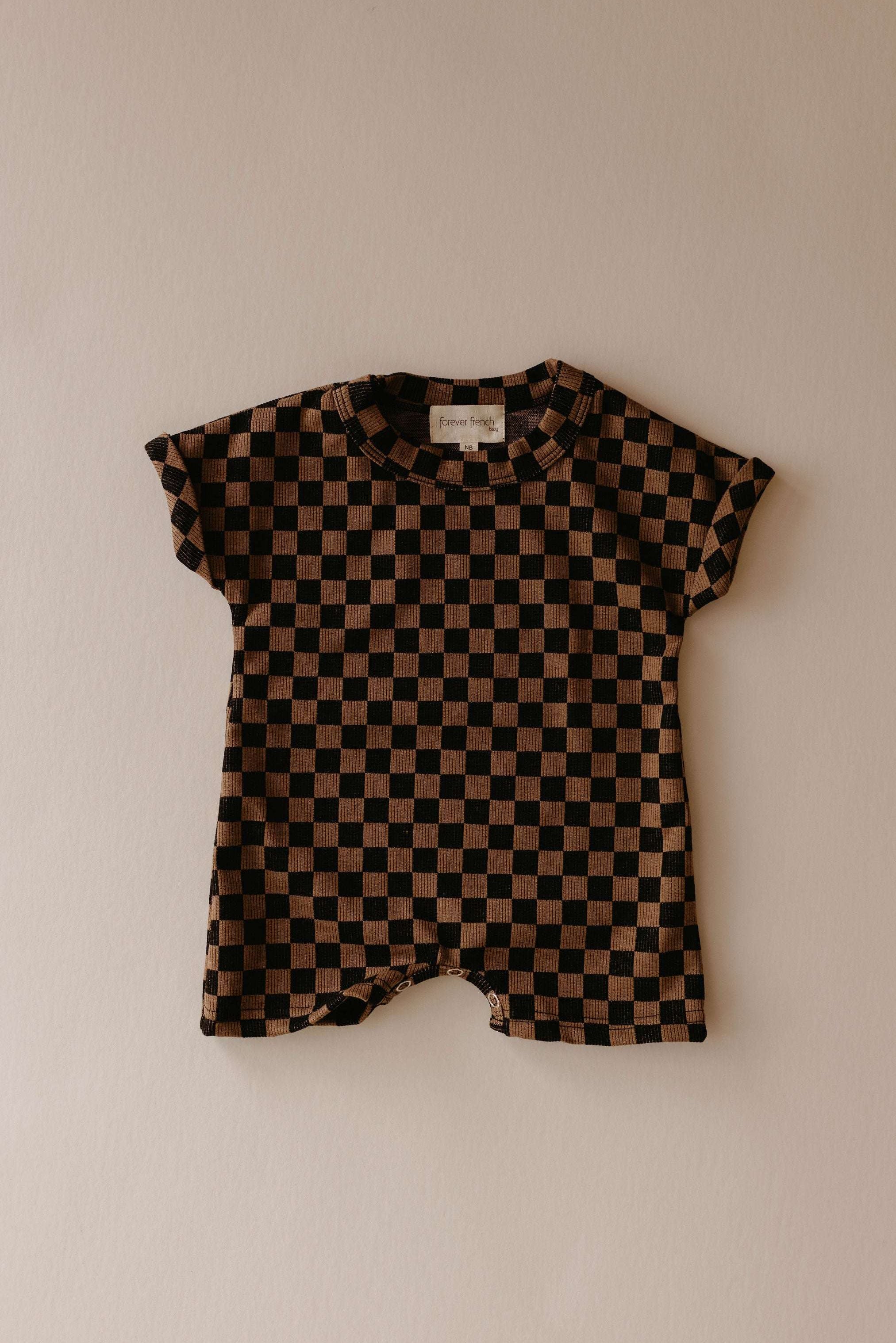 Black & Brown Checkerboard | Short Sleeve Ribbed Romper Milk & Baby