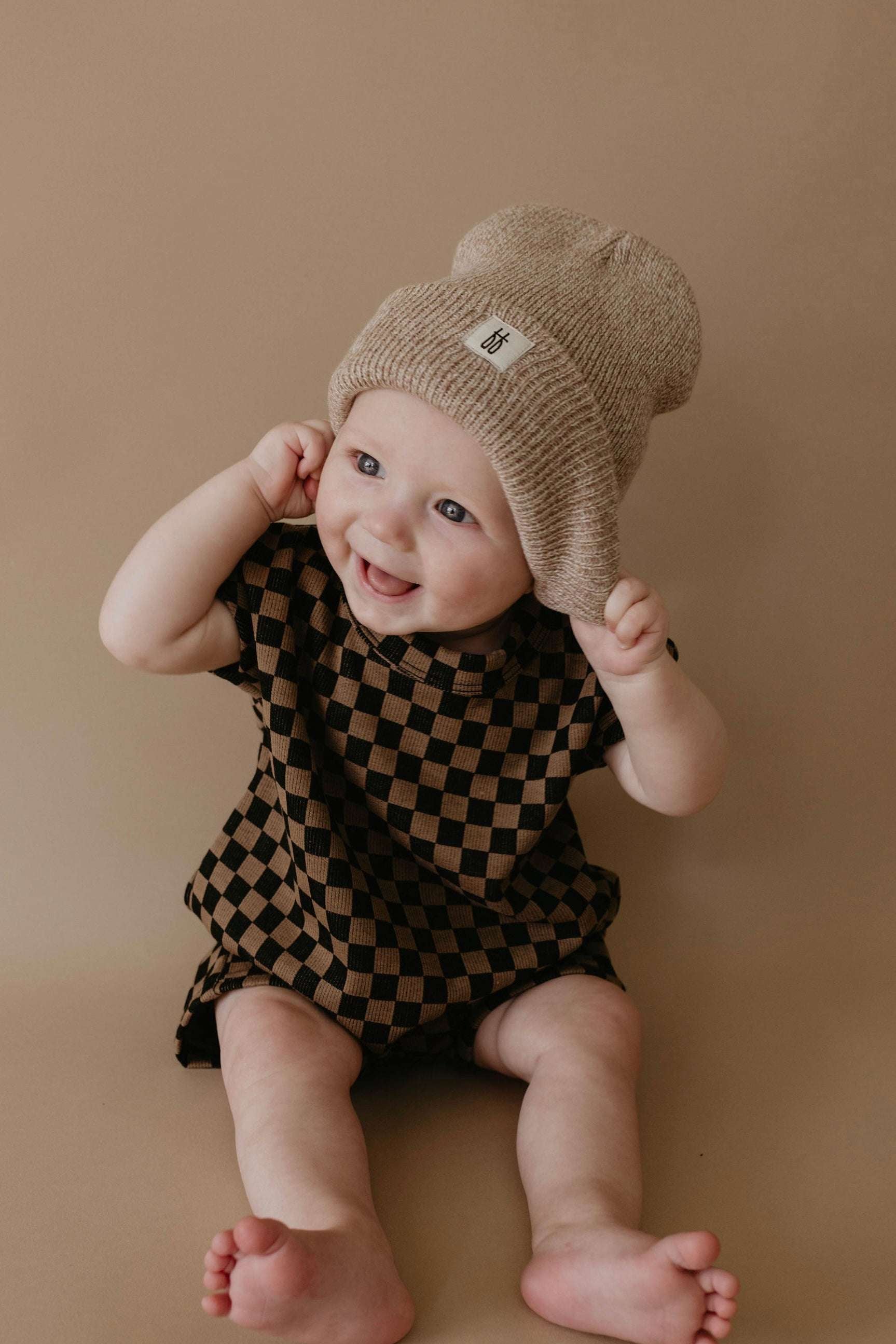 Black & Brown Checkerboard | Short Sleeve Ribbed Romper Milk & Baby