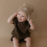 Short Sleeve Ribbed Romper | Black & Brown Checkerboard