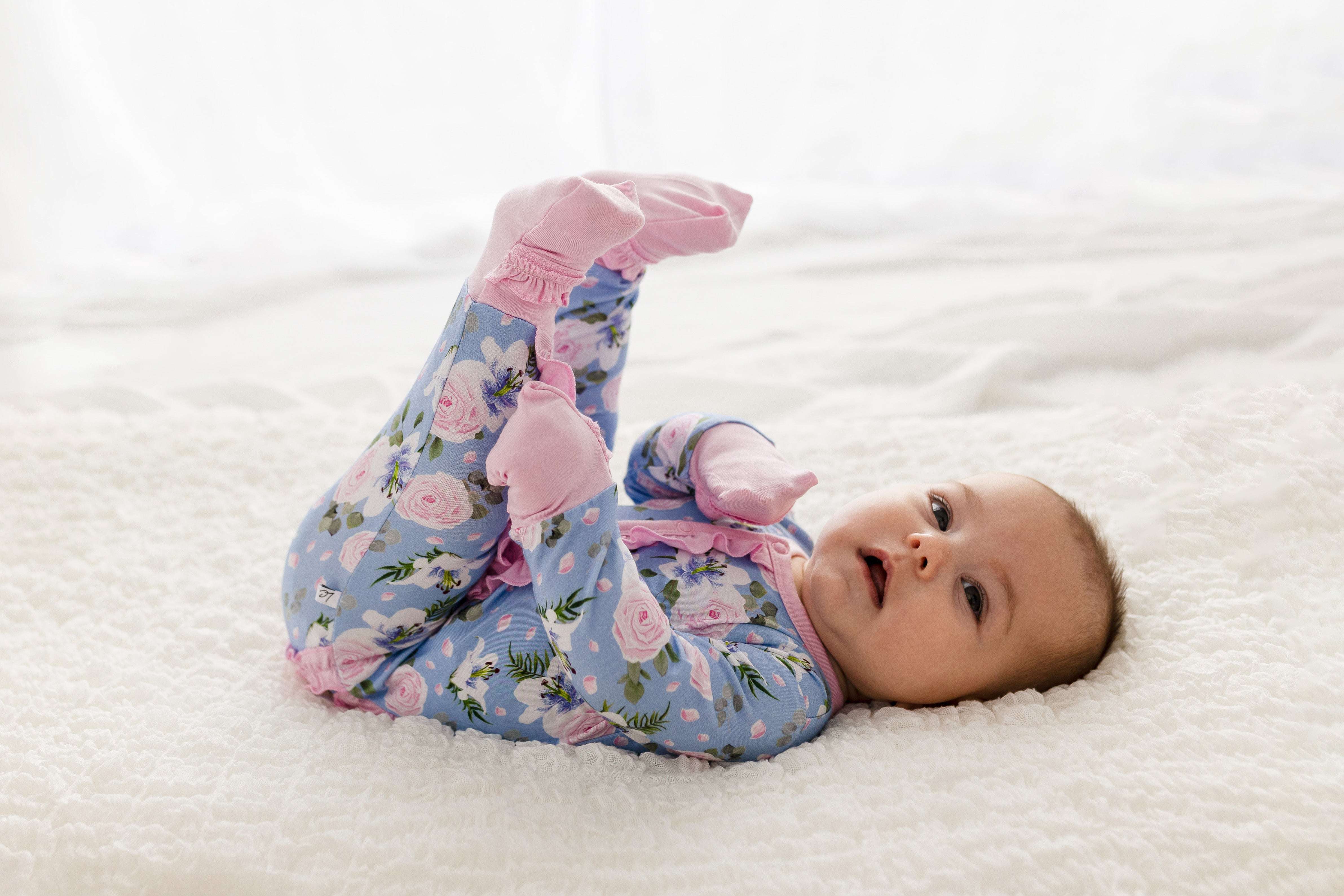 Lillian Floral Bamboo Ruffle Convertible Footie | Milk & Baby 