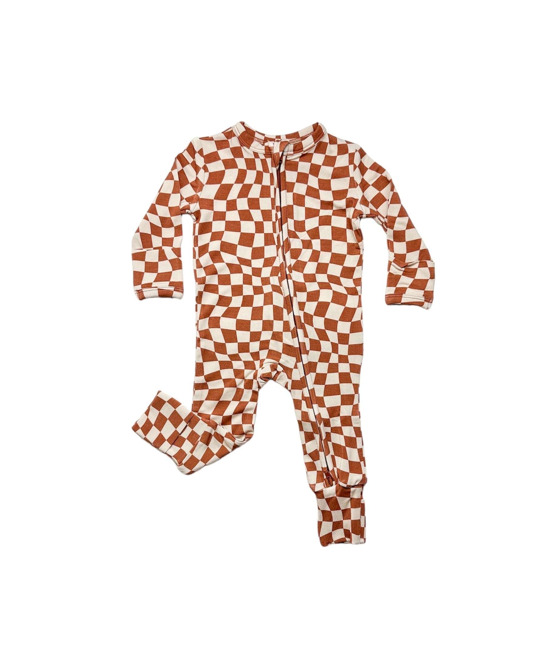 Rustic Checkerboard | Bamboo Zip Romper Milk & Baby