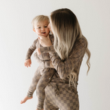 Faded Brown Checkerboard | Bamboo Zip Pajamas | Milk & Baby