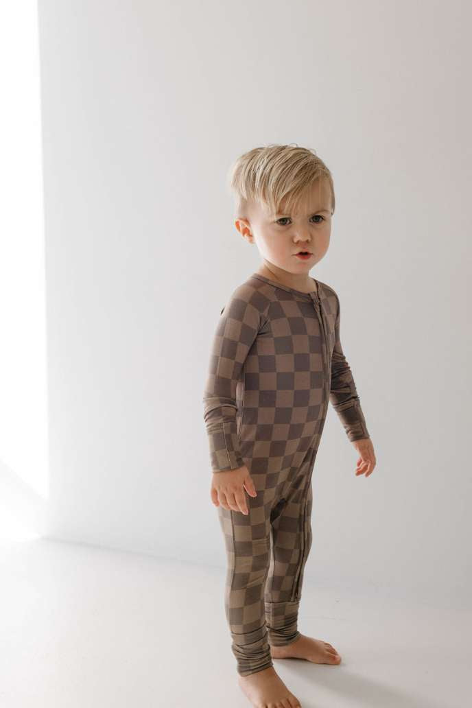 Faded Brown Checkerboard | Bamboo Zip Pajamas Milk & Baby