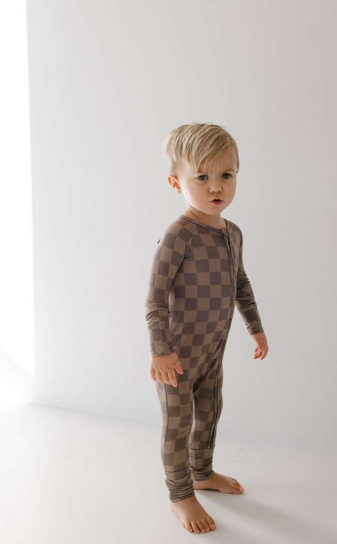 Faded Brown Checkerboard | Bamboo Zip Pajamas Milk & Baby