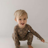 Faded Brown Checkerboard | Bamboo Zip Pajamas Milk & Baby