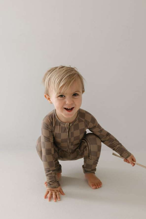 Faded Brown Checkerboard | Bamboo Zip Pajamas Milk & Baby