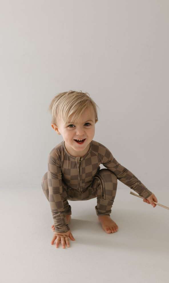 Faded Brown Checkerboard | Bamboo Zip Pajamas Milk & Baby