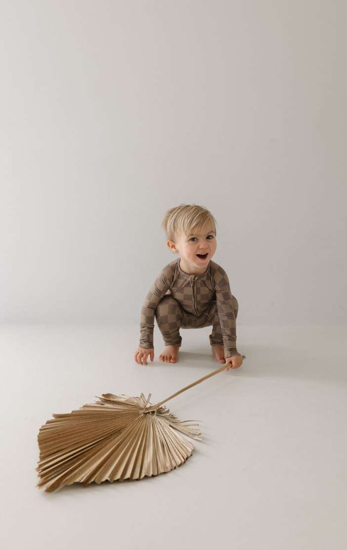 Faded Brown Checkerboard | Bamboo Zip Pajamas Milk & Baby