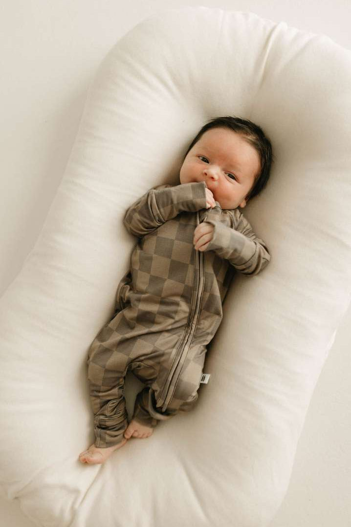 Faded Brown Checkerboard | Bamboo Zip Pajamas Milk & Baby