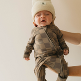 Faded Brown Checkerboard | Bamboo Zip Pajamas | Milk & Baby